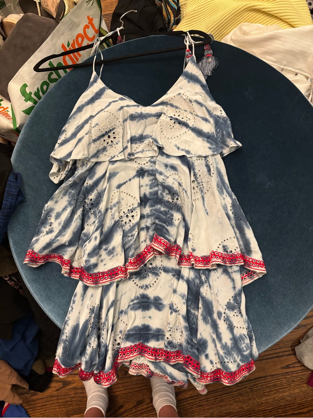 Hemant & Nanditq blue and White Tie-Dye Ruffle Sundress with Red Trim